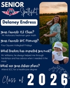 West Central High School Senior Spotlight for Delaney Endress, Class of 2026. Delaney is pictured in a floral dress in a sunset field, alongside a baby photo where she wears a sun hat and an ice cream shirt. Text highlights her favorite memory of "Four Sq